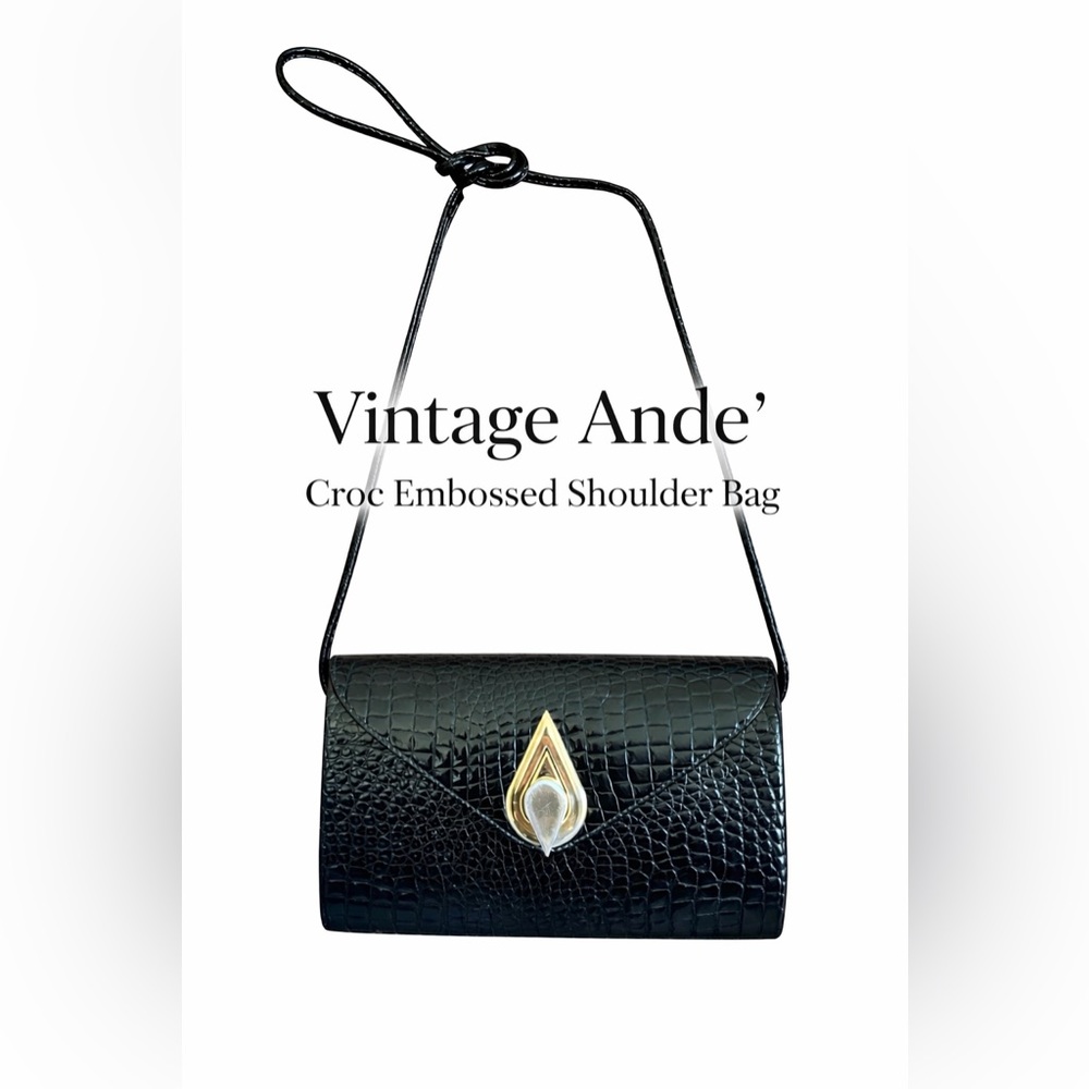 Vintage Ande’ Black Croc Embossed Shoulder Bag Gold Clasp 80s 90s Flap
